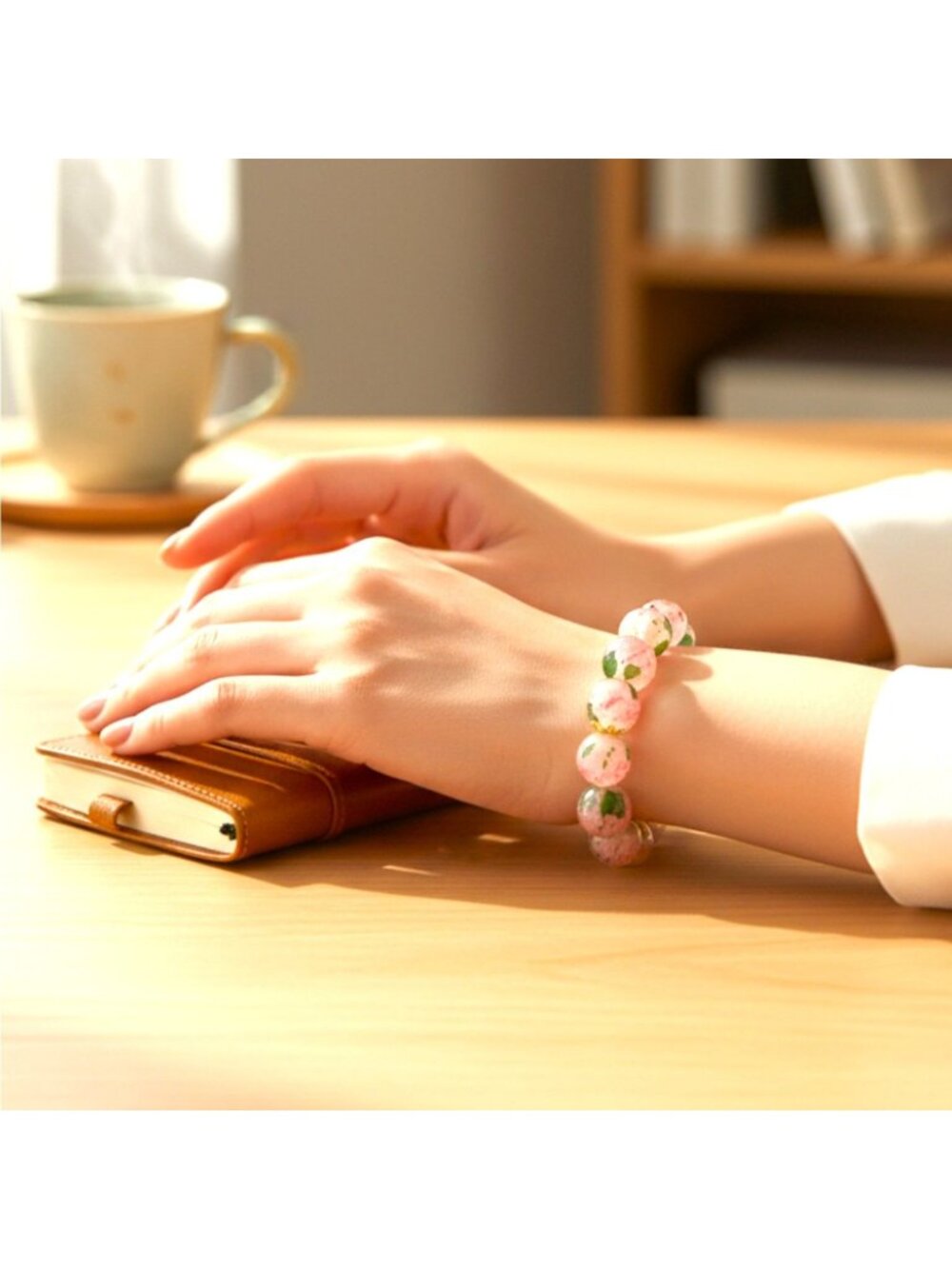 Crackled Glass Ombre Cherry Blossom Bracelet - Pink & Green Floral Stretch Brace